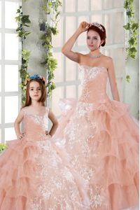 Romantic Ruffled Ball Gowns Vestidos de Quinceanera Peach Strapless Organza Sleeveless Floor Length Lace Up