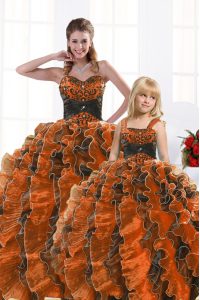 Sweetheart Sleeveless Quinceanera Dress Floor Length Beading and Appliques and Ruffles Orange Organza