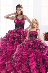 Trendy Hot Pink 15 Quinceanera Dress Military Ball and Sweet 16 and Quinceanera and For with Beading and Appliques and R