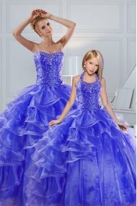 Blue Sweetheart Neckline Beading and Ruffled Layers Quince Ball Gowns Sleeveless Lace Up