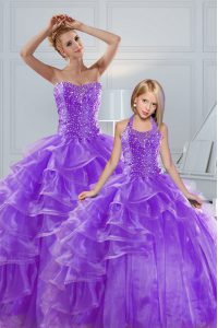 Wonderful Sweetheart Sleeveless Quinceanera Dress Floor Length Beading and Ruffled Layers Lavender Organza