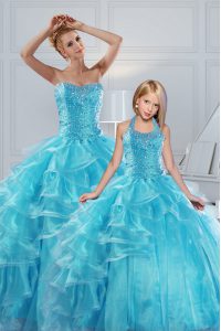 Floor Length Aqua Blue Sweet 16 Dresses Organza Sleeveless Beading and Ruffled Layers