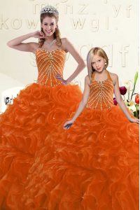 Floor Length Lace Up Vestidos de Quinceanera Orange for Military Ball and Sweet 16 and Quinceanera with Beading and Ruff
