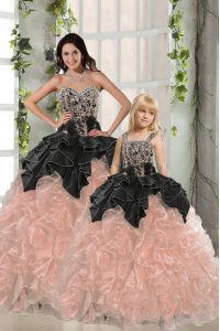 Eye-catching Peach Ball Gowns Sweetheart Sleeveless Organza Floor Length Lace Up Beading and Ruffles 15th Birthday Dress