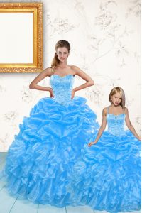 Baby Blue Organza Lace Up Sweetheart Sleeveless Floor Length 15 Quinceanera Dress Beading and Ruffles and Pick Ups