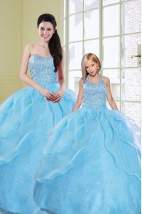 Glorious Baby Blue Ball Gowns Organza Sweetheart Sleeveless Beading and Sequins Floor Length Lace Up Sweet 16 Dresses