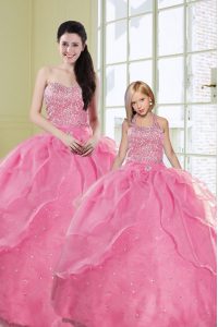 Customized Rose Pink Sleeveless Floor Length Beading and Sequins Lace Up Vestidos de Quinceanera