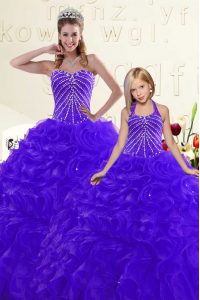 Floor Length Lace Up Quinceanera Dresses Blue and Purple for Military Ball and Sweet 16 and Quinceanera with Beading and