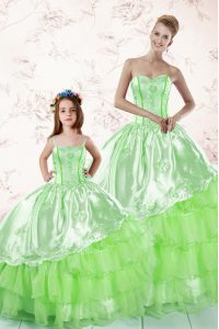 Inexpensive Sleeveless Floor Length Embroidery and Ruffled Layers Lace Up Quinceanera Gowns