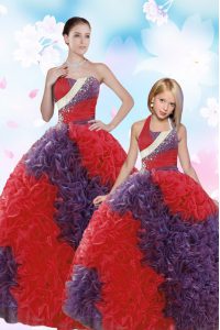 Luxurious Coral Red Ball Gowns Fabric With Rolling Flowers Strapless Sleeveless Beading Floor Length Lace Up Quinceanera