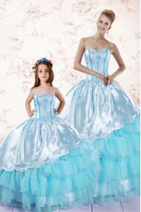 Custom Made Baby Blue Ball Gowns Organza Sweetheart Sleeveless Embroidery and Ruffled Layers Floor Length Zipper Sweet 1