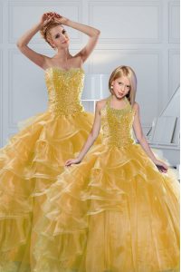 Free and Easy Gold Lace Up Sweetheart Beading and Ruffled Layers Quince Ball Gowns Organza Sleeveless