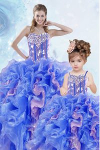Beauteous Organza Sweetheart Sleeveless Lace Up Beading and Ruffles and Sequins Quinceanera Gowns in Multi-color