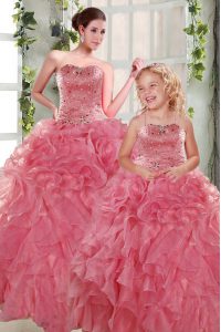Sleeveless Organza Floor Length Lace Up Sweet 16 Dress in Rose Pink with Beading and Ruffles