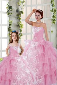 Ruffled Strapless Sleeveless Lace Up 15th Birthday Dress Rose Pink Organza