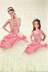 Unique Pink Ball Gowns Organza and Taffeta Sweetheart Sleeveless Beading and Ruffled Layers and Hand Made Flower Floor L