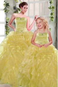 Yellow Strapless Lace Up Beading and Ruffles Quinceanera Gown Sleeveless