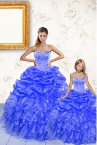 Fine Organza Spaghetti Straps Sleeveless Lace Up Beading and Ruffles and Pick Ups Sweet 16 Dress in Royal Blue