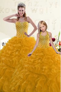 Chic Ball Gowns Sweet 16 Dress Gold Sweetheart Organza Sleeveless Floor Length Lace Up