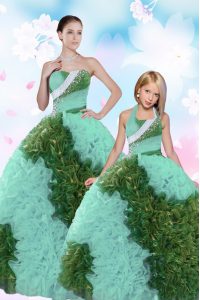 Turquoise Ball Gowns Fabric With Rolling Flowers Sweetheart Sleeveless Beading and Sequins Floor Length Lace Up Sweet 16
