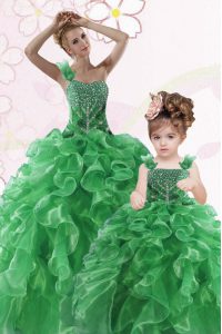 One Shoulder Green Sleeveless Beading and Ruffles Floor Length Sweet 16 Dresses