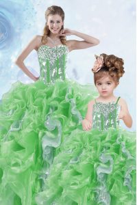 Simple Floor Length Green Quinceanera Gowns Organza Sleeveless Beading and Ruffles and Sequins