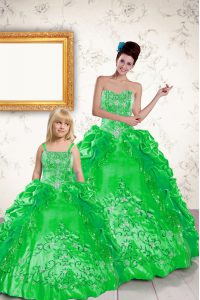 Green Lace Up 15th Birthday Dress Beading and Embroidery and Pick Ups Sleeveless Floor Length