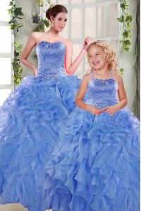 Blue Sleeveless Beading and Ruffles Floor Length Sweet 16 Dresses