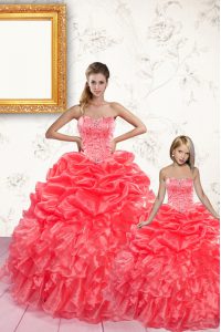 Most Popular Coral Red Quinceanera Dress Military Ball and Sweet 16 and Quinceanera and For with Beading and Ruffles and