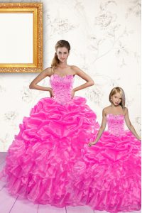Dramatic Hot Pink Sleeveless Beading and Ruffles and Pick Ups Floor Length Quinceanera Dresses