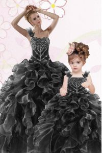 One Shoulder Floor Length Black Quinceanera Gown Organza Sleeveless Beading and Ruffles