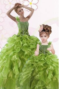 Exceptional One Shoulder Green Organza Lace Up Quinceanera Dresses Sleeveless Floor Length Beading and Ruffles