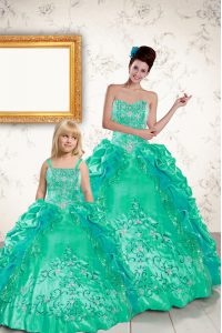 Customized Turquoise Strapless Neckline Beading and Embroidery and Pick Ups Sweet 16 Dress Sleeveless Lace Up