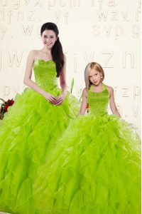 Free and Easy Yellow Green Ball Gowns Sweetheart Sleeveless Organza Floor Length Lace Up Beading and Ruffles Quince Ball