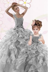 Admirable One Shoulder Grey Sleeveless Organza Lace Up 15th Birthday Dress for Military Ball and Sweet 16 and Quinceaner