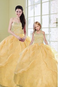 Superior Sequins Sweetheart Sleeveless Lace Up Sweet 16 Quinceanera Dress Gold Organza