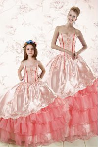 Modest Organza Sleeveless Floor Length Quince Ball Gowns and Embroidery and Ruffled Layers