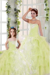 Light Yellow Lace Up Strapless Beading and Ruffled Layers and Ruching Quinceanera Dress Organza Sleeveless