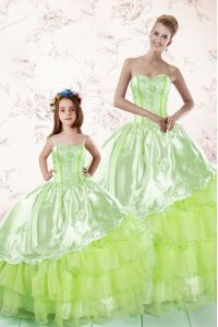 Edgy Sweetheart Sleeveless Vestidos de Quinceanera Floor Length Embroidery and Ruffled Layers Yellow Green Organza