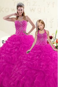Luxury Fuchsia Ball Gowns Beading and Ruffles Ball Gown Prom Dress Lace Up Organza Sleeveless Floor Length