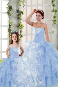 Pretty Blue Lace Up Strapless Embroidery and Ruffled Layers Quinceanera Gowns Organza Sleeveless