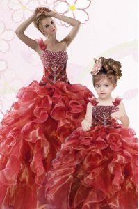 Coral Red Lace Up One Shoulder Beading and Ruffles Sweet 16 Dress Organza Sleeveless