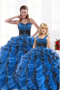 Dramatic Sleeveless Floor Length Beading and Appliques and Ruffles Lace Up 15 Quinceanera Dress with Royal Blue