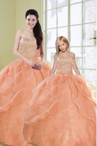 Flare Sequins Sweetheart Sleeveless Lace Up Quinceanera Gowns Orange Organza