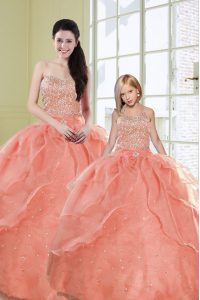 Watermelon Red Sleeveless Floor Length Beading and Sequins Lace Up 15 Quinceanera Dress
