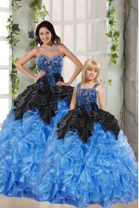 Amazing Black and Blue Ball Gowns Beading and Ruffles Ball Gown Prom Dress Lace Up Organza Sleeveless Floor Length