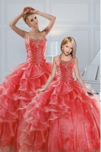 Coral Red Organza Lace Up Sweetheart Sleeveless Floor Length 15th Birthday Dress Beading and Ruffled Layers