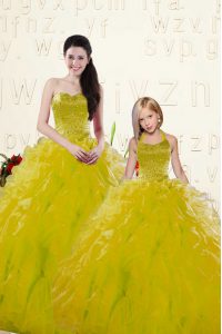 Floor Length Lace Up Quinceanera Gowns Yellow for Military Ball and Sweet 16 and Quinceanera with Beading and Ruffles