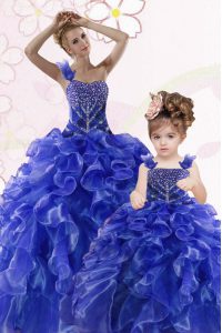 Cute One Shoulder Sleeveless Floor Length Beading and Ruffles Lace Up Quinceanera Gown with Royal Blue