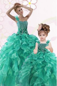 Amazing One Shoulder Sleeveless Organza Floor Length Lace Up Sweet 16 Dress in Turquoise with Beading and Ruffles